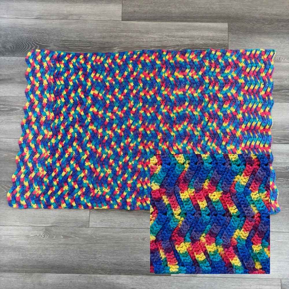 Handmade Crochet Ripple Afghan Throw Blanket Rainbow Chevron 54x36‎ Lap Blanket